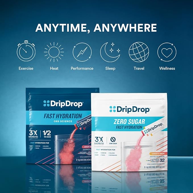 DripDrop Hydration Packets - Juicy Variety Pack - Single Serve Electrolytes Powder Drink Mix - Grape, Fruit Punch, Strawberry Lemonade, Cherry - Non-GMO, Gluten Free, Vegan - 192 Sticks