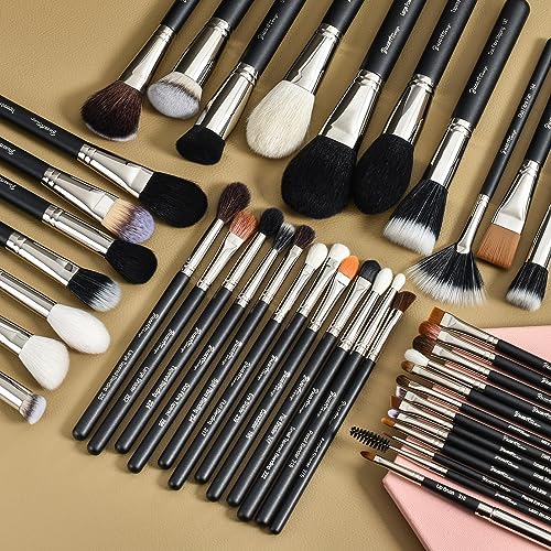Makeup Artist MUST HAVES 42Pcs Makeup Brushes Set with Real Natural Goat Hair By BUEART DESIGN (42Pcs Matte Pearl Black)