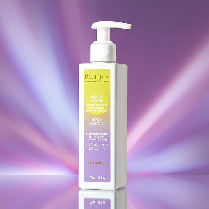 Pacifica Neon Moon Body Lotion – Alluring Sandalwood, Jasmine & Cardamom Scent, Lightweight Hydrating Lotion with Shea Butter & Avocado Oil, Nourishing Non-Greasy Moisturizer, Vegan & Cruelty-Free