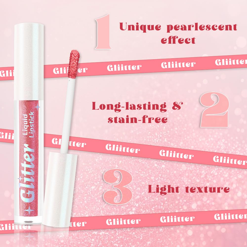 Nude Pink Metallic Lipstick for Women,Lightweight Glitter Sparkling Liquid Lipsticks,Shimmer Lip Gloss Stain Long Lasting Waterproof Smudge Proof Non-Drying 24 Hour Full Coverage Lip Makeup,Vegan