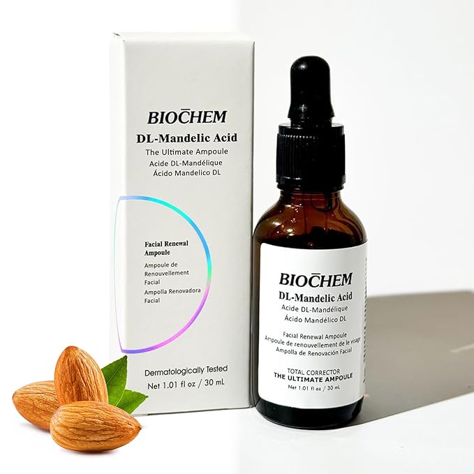 BIOCHEM DL-Mandelic Acid 10% Facial Renewal Ampoule - Gentle AHA Exfoliation Treatment for Discoloration, Dullness, Uneven Skin Tone, Wrinkles, and Fine Lines for All Skin Types - 1.01 Fl. Oz. / 30 mL