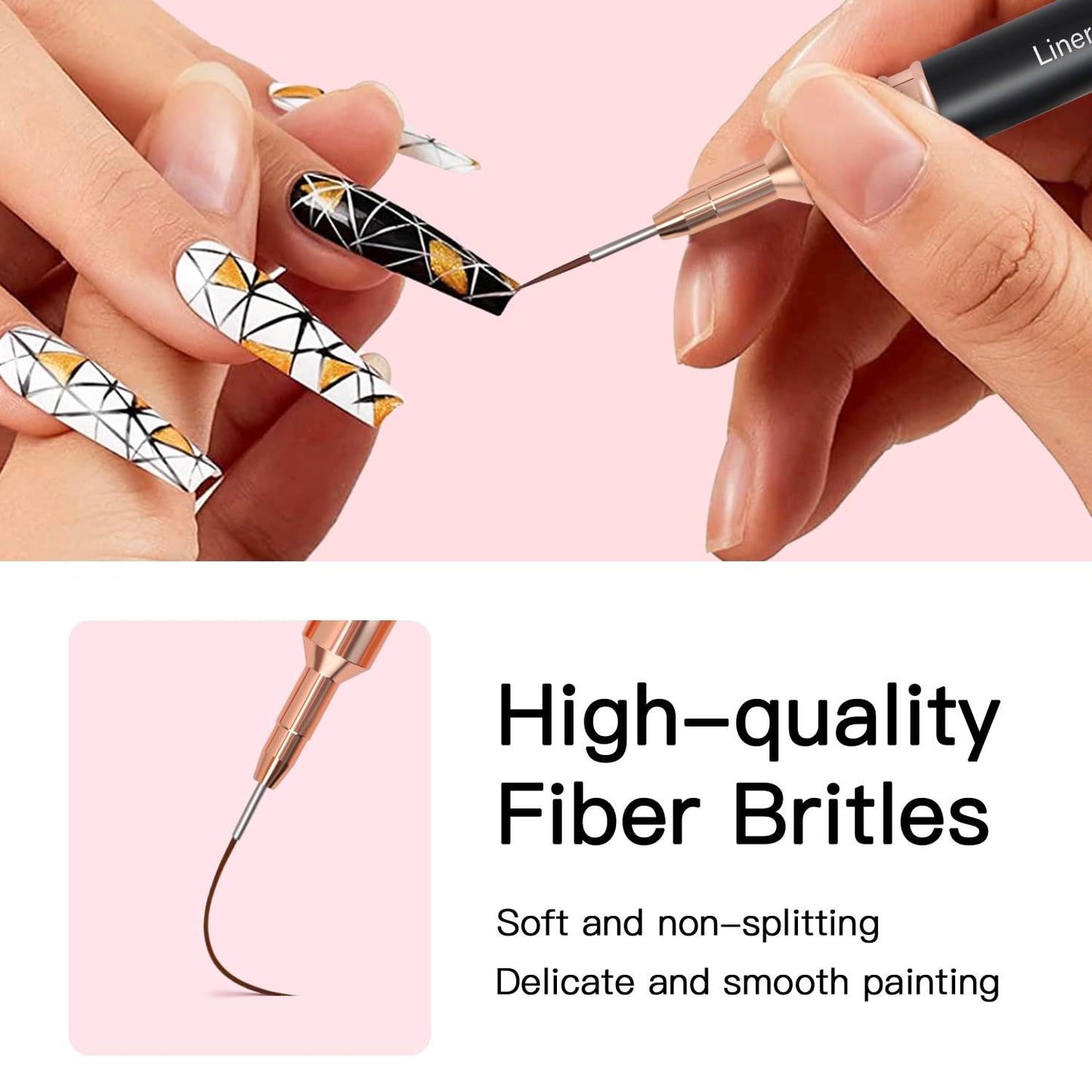Metallic Nail Art Brushes, 5Pcs Liner Brush Set, UV Gel Polish Painting Art Design Pen for Long Lines, Thin Details, Fine Drawing Sizes 4/8/12/20/25mm(Black)