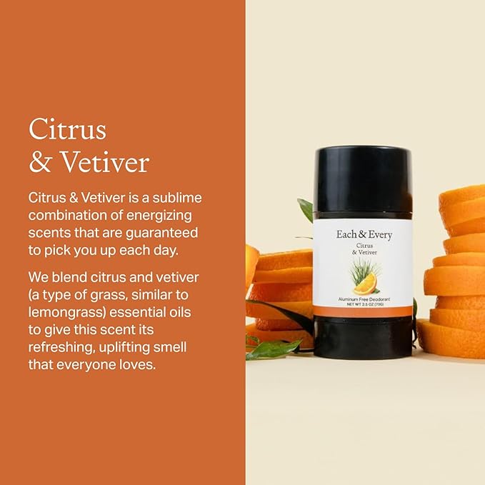 Each & Every All Natural Deodorant for Women & Men - Sensitive Skin, Plant-Based, Baking Soda & Aluminum-Free Deodorant - Long Lasting 24 Hr Odor Control - Citrus & Vetiver Travel Size (3 Pack, 2.5oz)