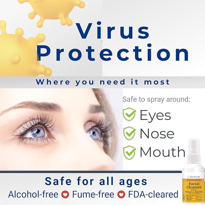 SkinSmart Antimicrobial Facial Cleanser Spray to Remove Viruses and Bacteria Around Eyes, Nose and Mouth, Fight Maskne, 2 oz Spray (3 Pack) Non-Irritating Hypochlorous Acid