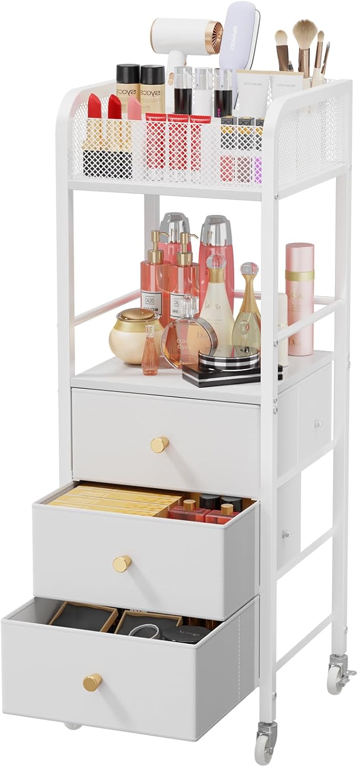 HapiRm Rolling Makeup Cart Organizer - Floor Skincare Make Up Storage with 3 Drawers, Vanity Organizer Cosmetic Display Cases Holder for Skin Care Perfume Nail Polish Brush Hair Tool, White