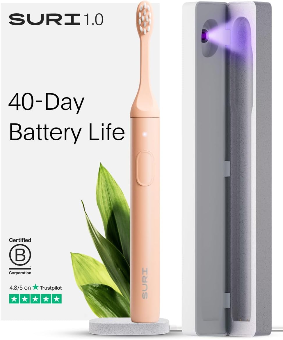 SURI 1.0 Sonic Electric Toothbrush with UV Cleaning Travel Case | 40+Day Battery | Designed in California | Electric Toothbrush for Adults | Travel Toothbrushes | Tooth Brush | Pink