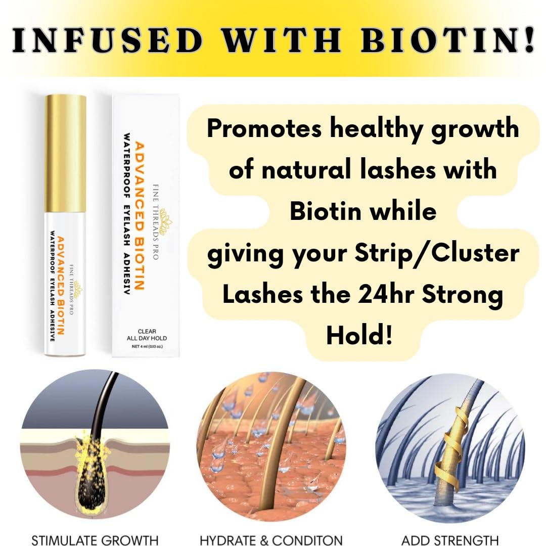 2 in 1 Clear Lash Glue with Lash Growth BIOTIN; Sensitive Eyes; Strong Hold Easy Brush On for False Eyelash Extensions, Strip Lashes, Mink, Wispy, Latex Free, No Parabens; Waterproof