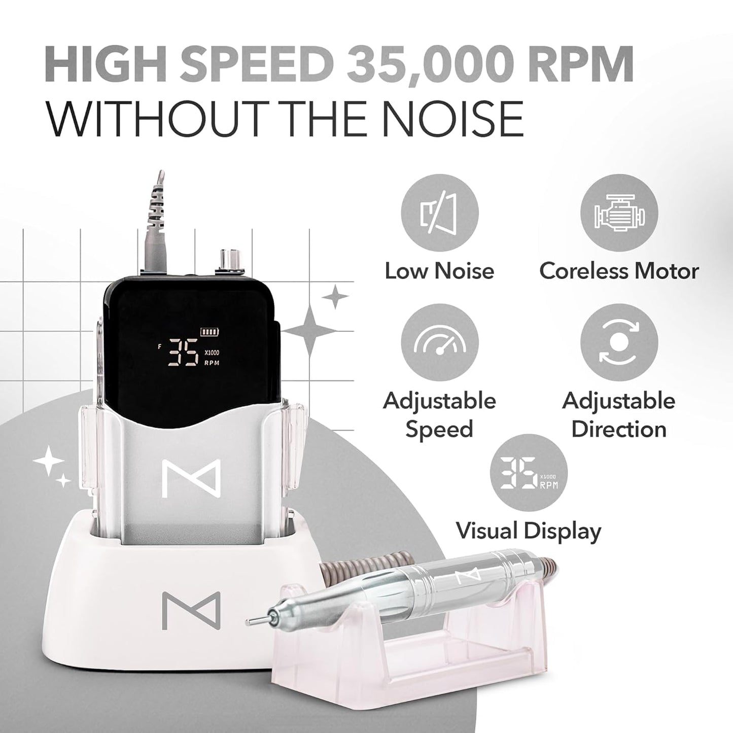 M Mase- Professional Nail Drill Machine - Coreless 2-in-1 Nail File - Electric, Cordless, 35000 RPM, HD Display - Electric Nail Drill for Professional & Home Use (Metallic Gold)