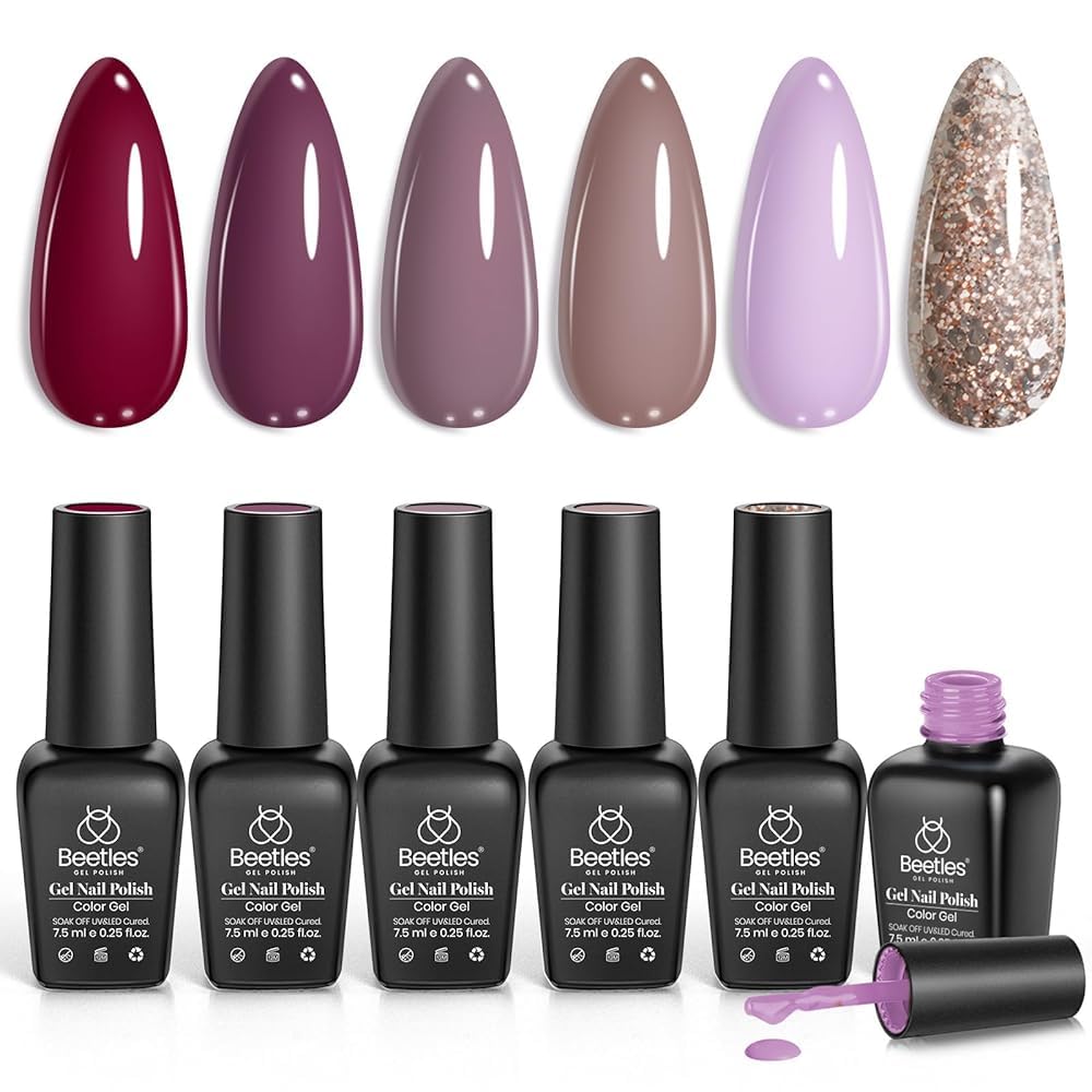 Beetles Gel Nail Polish - 6 Colors Lilac Glitter Maroon Purple Red Mauve Gel Polish Set Soak Off Uv LED Nail Art Manicure Salon DIY at Home Gifts for Women
