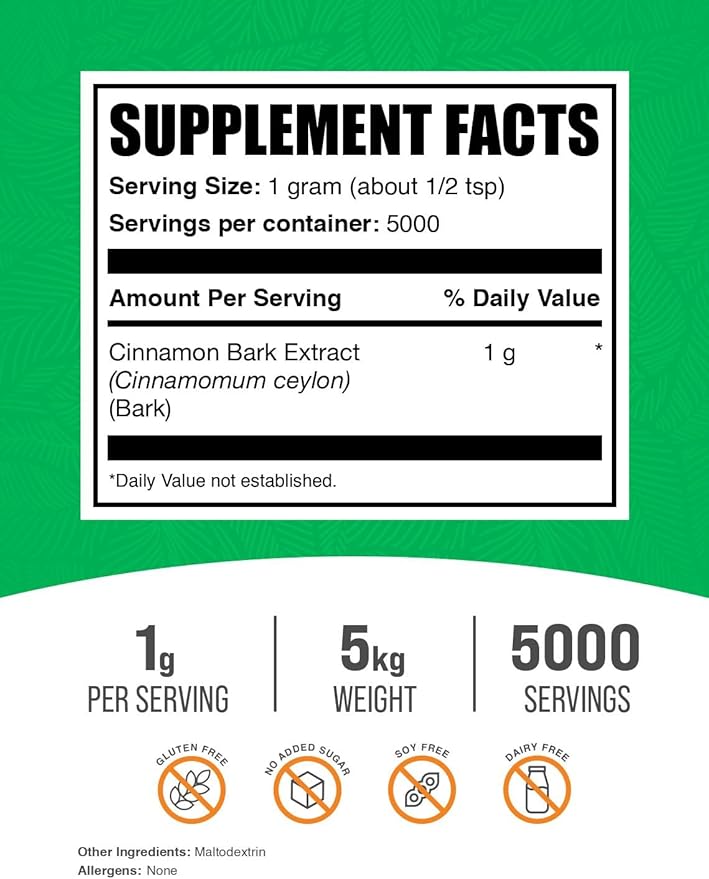 BulkSupplements.com Ceylon Cinnamon Extract Powder - Cinnamon Extract, Cinnamon Ceylon - Cinnamon Supplement, Pack of 1 - Gluten Free & Soy Free, 1000mg per Serving, 5kg (11 lbs)