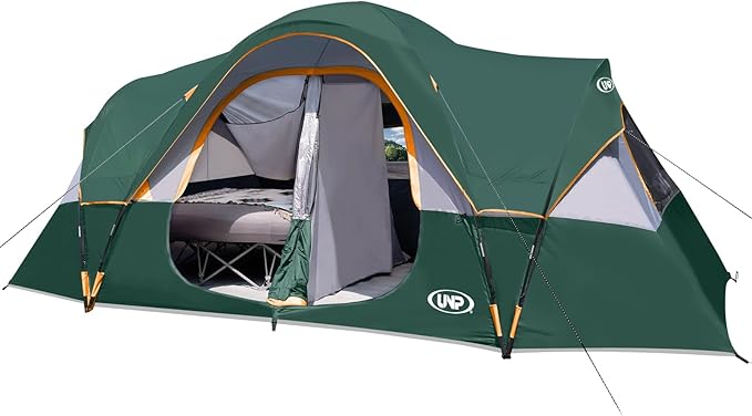 UNP Camping Tent 10-Person-Family Tents, Parties, Music Festival Tent, Big, Easy Up, 5 Large Mesh Windows, Double Layer, 2 Room, Waterproof, Weather Resistant, 18ft x 9ft x78in