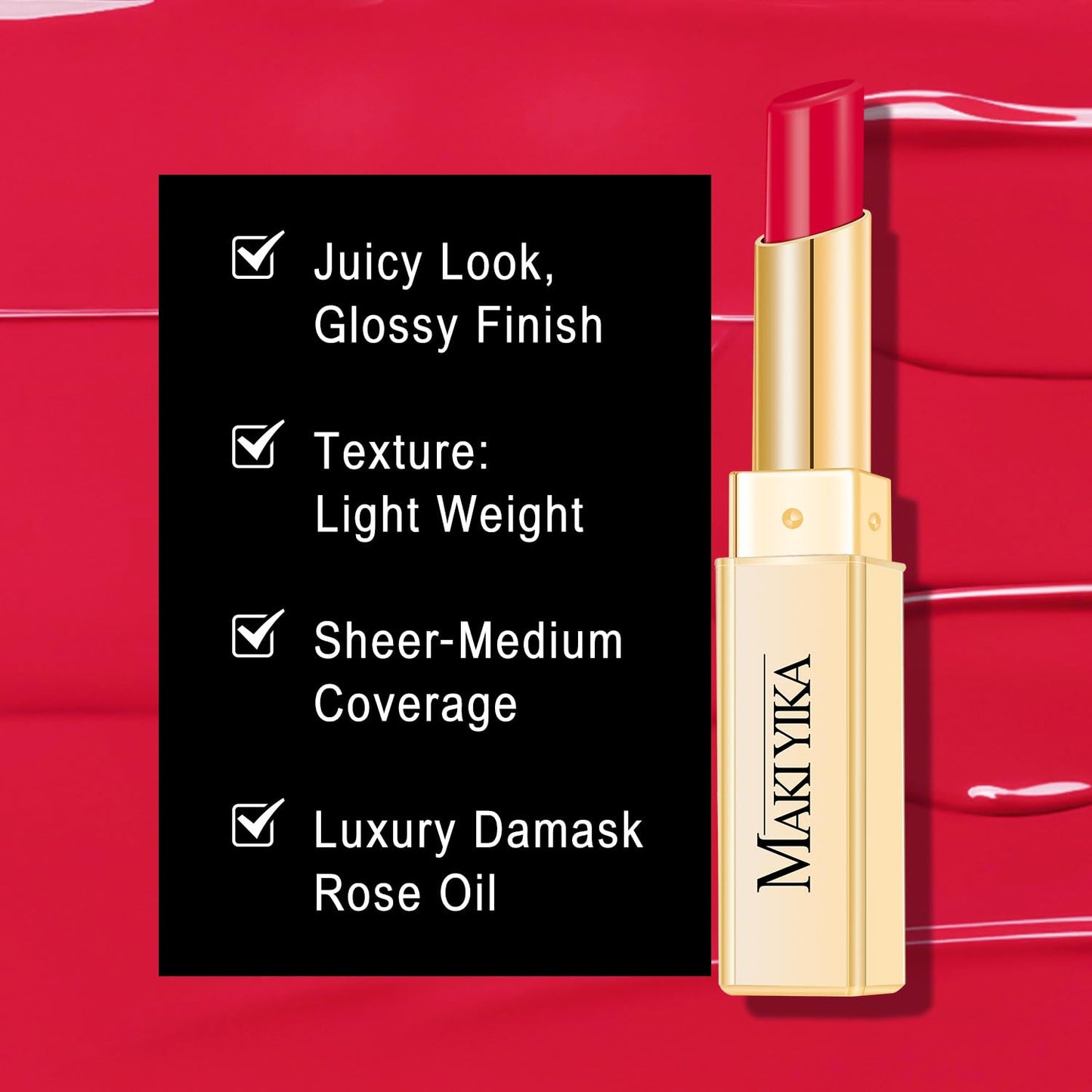 MAKI YIKA Moisture Red Lipstick for Women Hydrate Tinted Lip Balm for Dry Cracked Lips Weightless Glossy Lip Color Juicy Finish, MA066 Raspberry