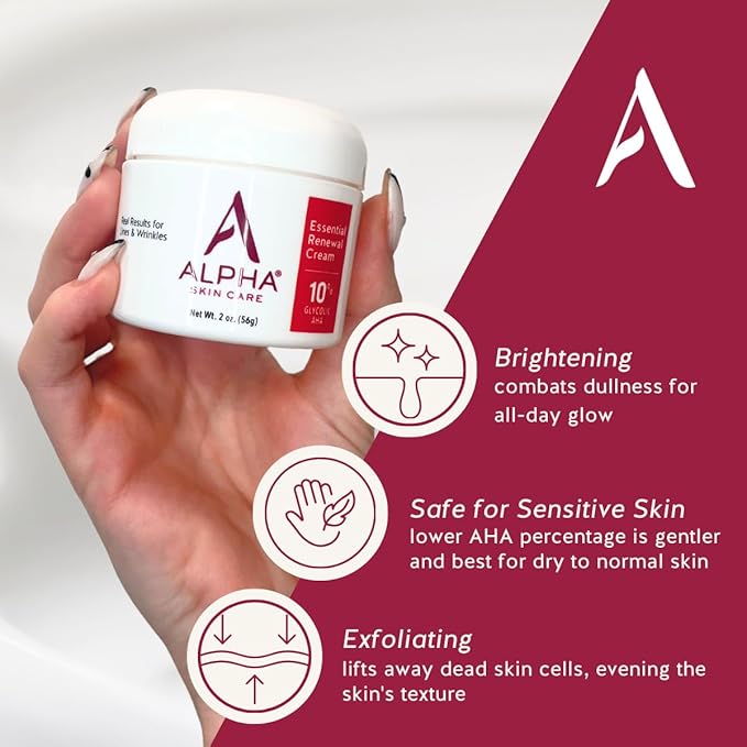 Alpha Skin Care Essential Renewal Cream, 10% Glycolic AHA, Anti-Aging Formula, Reduces Lines & Wrinkles, Hydroxy Acid Exfoliates for Smoother Skin, Normal, Sensitive or Dry Skin, 2 Oz, Pack of 3