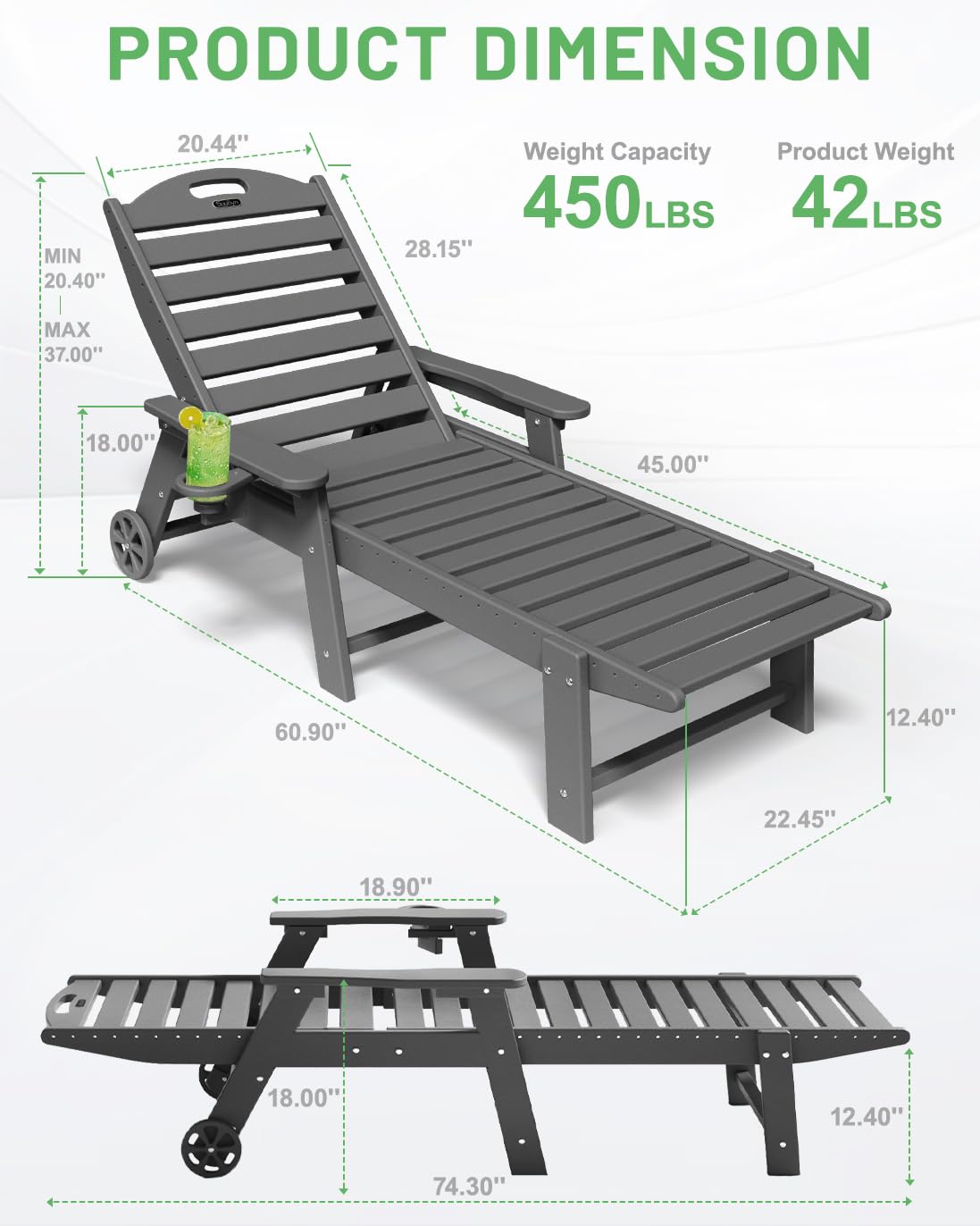 SUUNYN Lounge Chair Outdoor, Chaise Lounge Chair Outdoor, HDPE 6-Position Lounge Chair for Outside, Patio Lounge Chair with Wheels & Cup Holder for Pool Poolside Deck Backyard, Grey