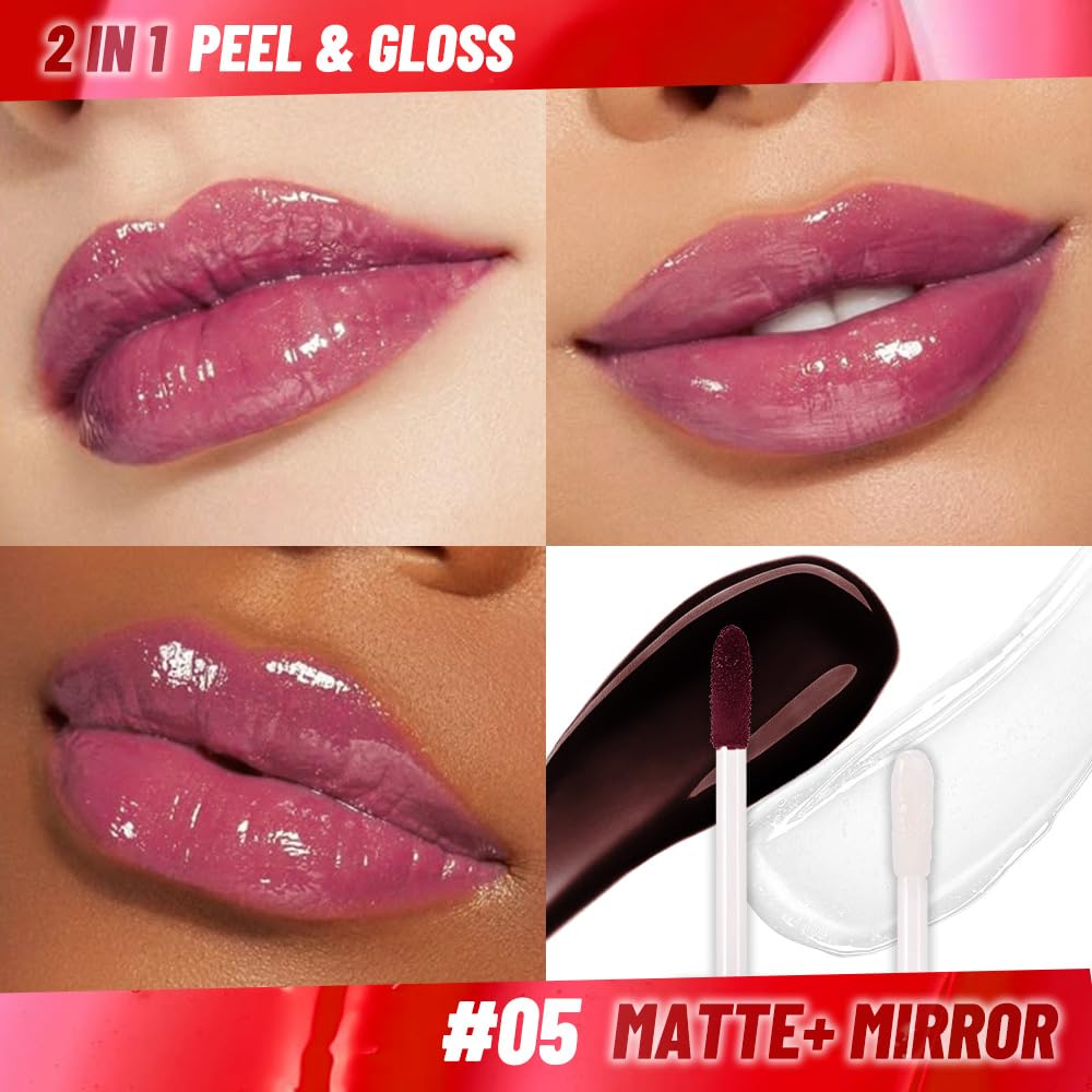 Dark Raspberry Lip Stain Peel Off Lip liner and Lip oil with Tweezer, Dual-Ended Peel Off Lip Stain Tattoo, Highly Pigmented Long Lasting Waterproof, Transfer-proof for All Skin Types, 05#