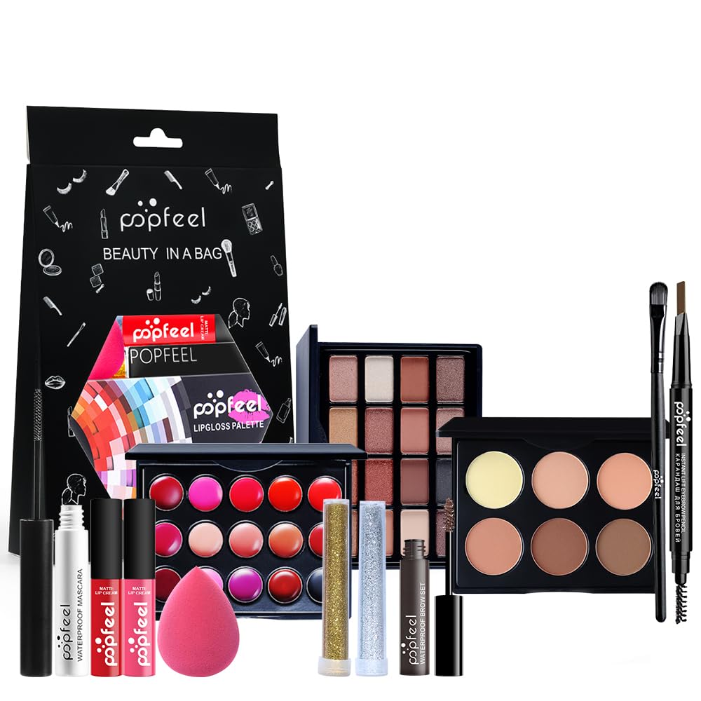 All in One Eyeshadow Palette Makeup Set, Makeup Kit with Primer, Mascara, Concealer Palette, Lip Stick Palette, Glitter Highlight, Travel Makeup Bundle Holiday Makeup Gift Box for Women Girl