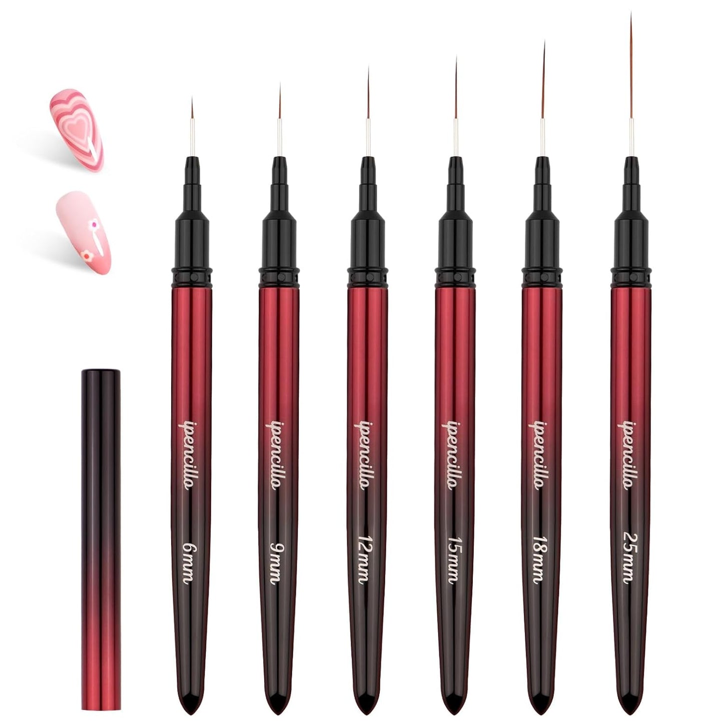 Nail Art Brushes, 6 Pcs Nail Liner Brushes for Nails, Nail Brushes for Nail Art Lines, Details, Edge and Plaid, Nail Art Brushes with Cap, Thin Liner Brushes Sizes 6/9/12/15/18/25 mm, Black