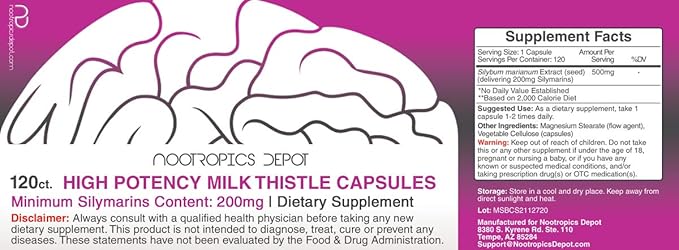 High Potency Milk Thistle Extract Capsules | 200mg of Silymarins from Silybum marianum | 120 Count
