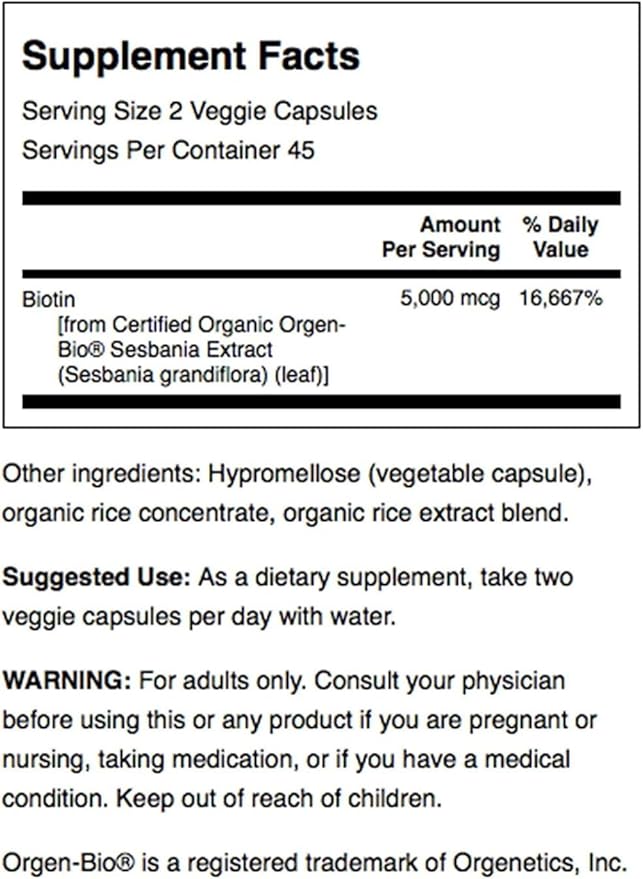 Swanson Real Food Biotin Vitamin B-7 Hair Skin Nail Metabolism Health from Organic Hummingbird Tree Extract Vegan Gluten-Free Non-GMO B7 5000 mcg 90 Veggie Capsules (Caps)