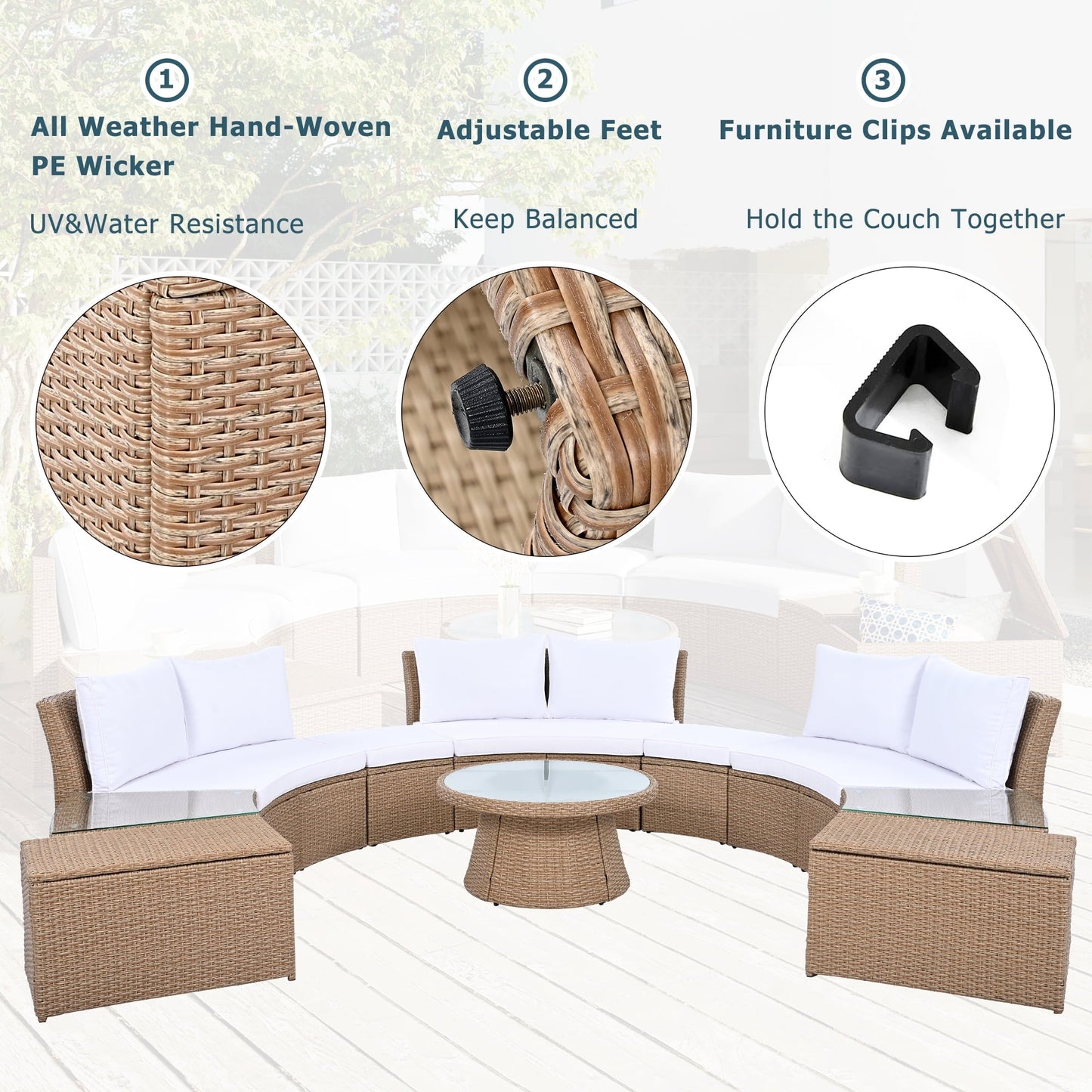 Olurrisa 10-Piece Outdoor Sectional Half Round Patio Rattan Sofa Set, PE Wicker Conversation Furniture Set for Free Combination, White