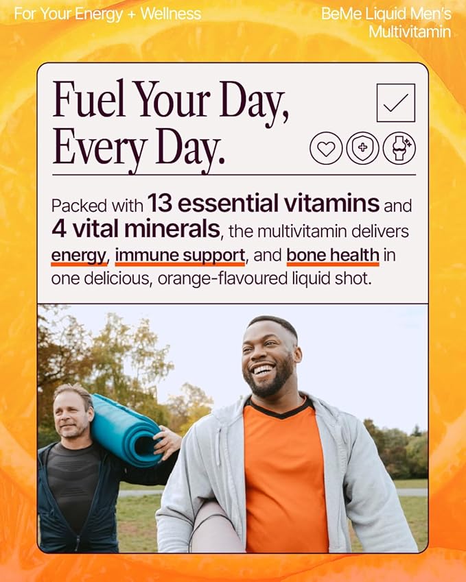 BeMe Liquid Multivitamin for Men - Clinically Tested Mens Multivitamin, 2X Faster Absorption & High Bioavailability - A, B-Complex, C, D, E, K, Calcium, Zinc, Magnesium - Non-GMO, Soy, Dairy Free