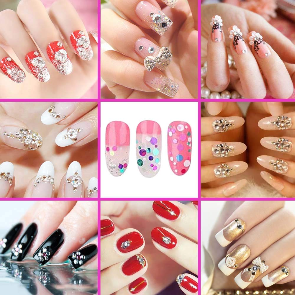 6400pcs Nail Art Rhinestones, Nail Crystal Gems Nail Diamonds, Gold Silver Nail Studs Colorful Nail Sequins & Rhinestones for Nails Kit with Tweezers and Wax Pen for Nail Art Supplies Accessories
