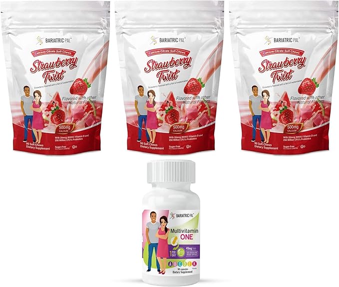 BariatricPal 90-Day Bariatric Vitamin Bundle (Multivitamin ONE 1 per Day! Capsule with 45mg Iron and Calcium Citrate Soft Chews 500mg with Probiotics - Strawberry Twist)