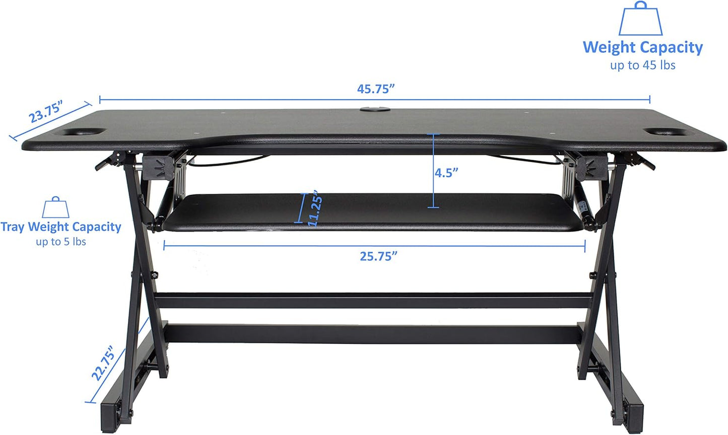 Rocelco 46" Large Height Adjustable Standing Desk Converter with Double Monitor Mount Arm BUNDLE - Quick Sit Stand Up Computer Workstation Riser - Retractable Keyboard Tray - Black (R DADRB-46-DM2)