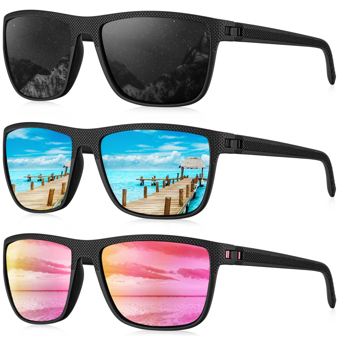 KALIYADI Polarized Sunglasses Men, Lightweight Mens Sunglasses Polarized UV Protection Driving Fishing Golf (Black/Ice Blue/Pink Lens)