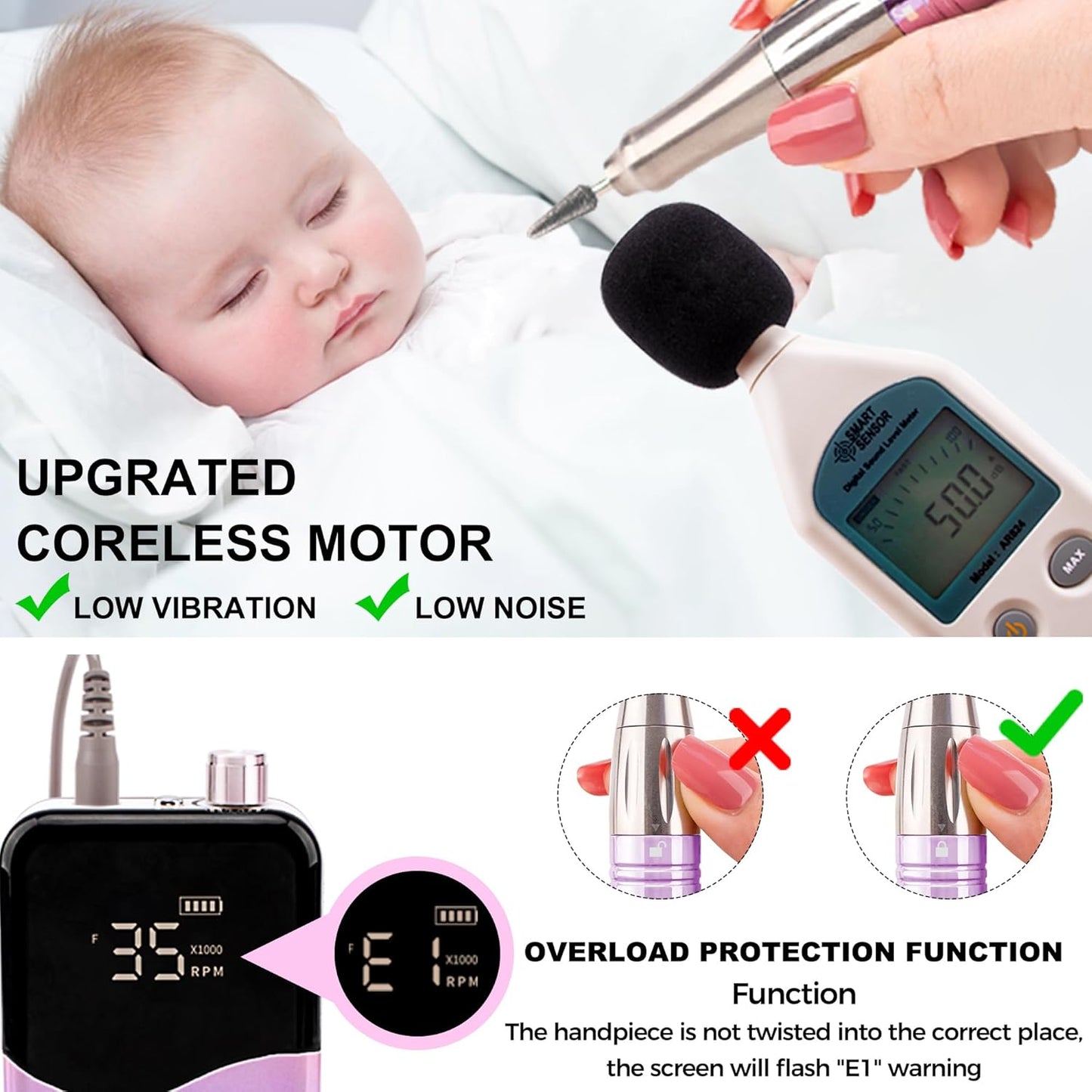 M Mase- Professional Nail Drill Machine - Coreless 2-in-1 Nail File - Electric, Cordless, 35000 RPM, HD Display - Electric Nail Drill for Professional & Home Use (Gold)