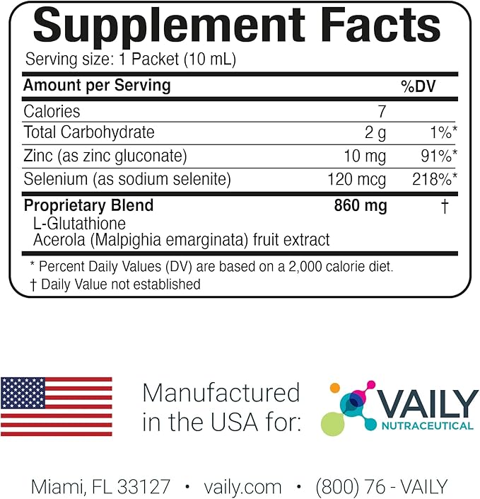 Immune Support Supplement for Adults - Liquid Glutathione Supplement 860 mg w/Acerola Vitamin C Zinc & Selenium - High Potency Antioxidant, Skin Health, Detox Every Day - 30 Single-dose Vials