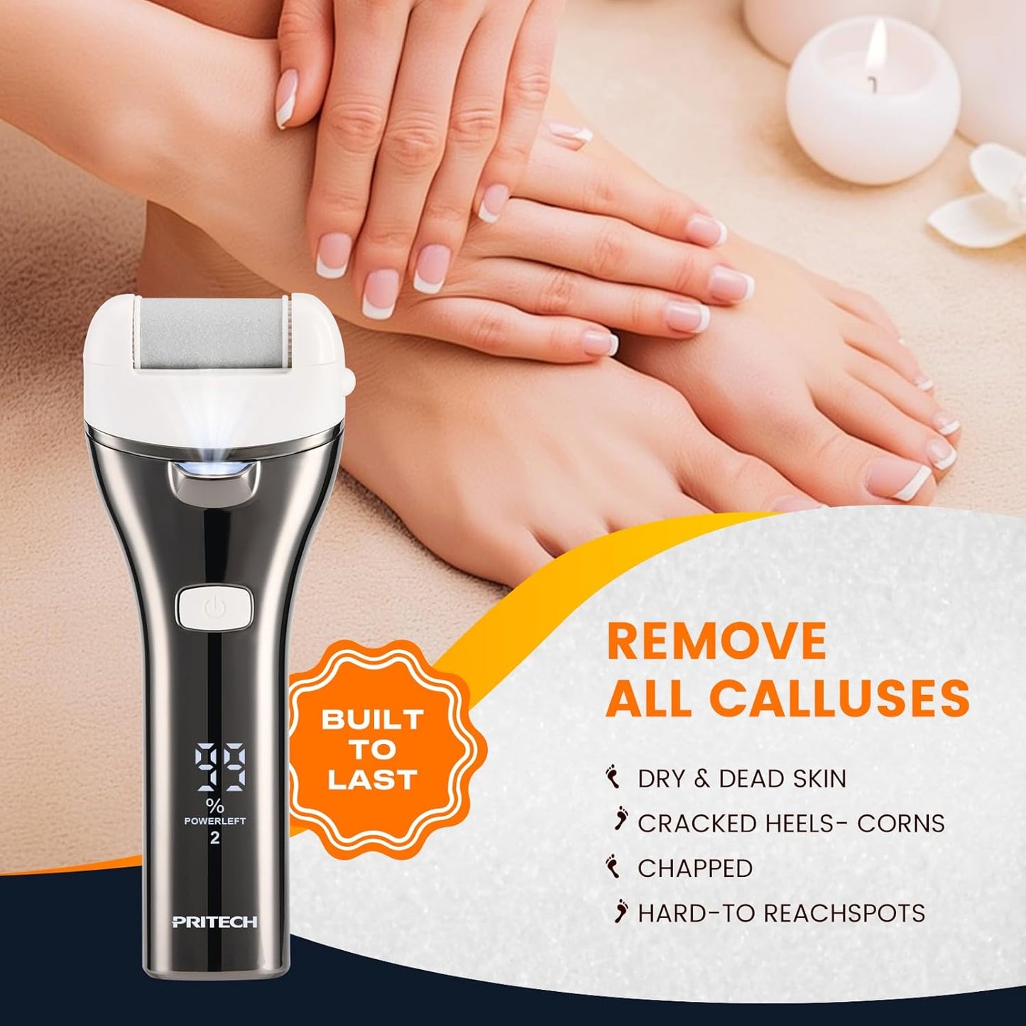 Electric Foot Callus Remover, Rechargeable Portable Electronic Foot File Pedicure Kits, 3 Roller Heads, 3 Speed, Battery Display for Remove Cracked Heels Calluses and Dead Skin（BCM-1852）