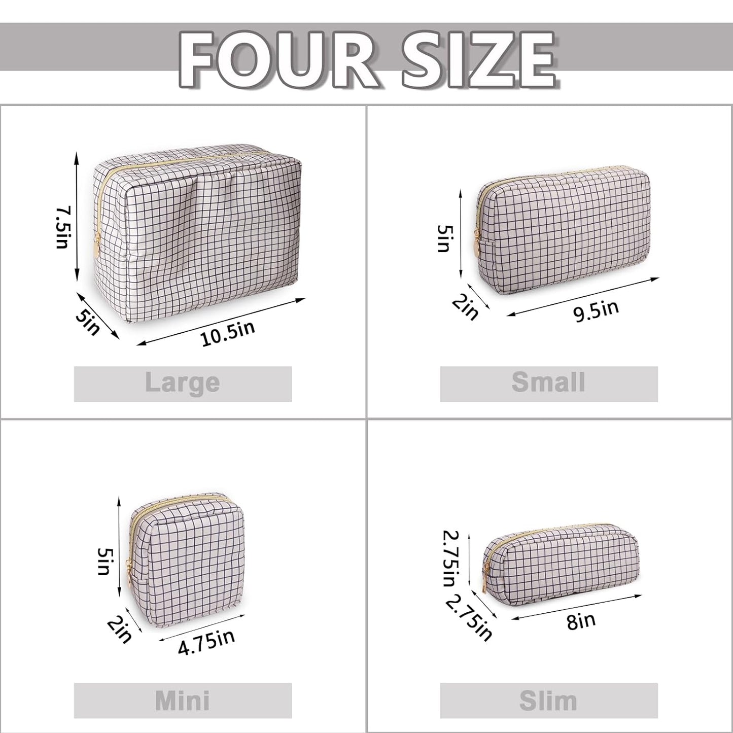 Small Pencil Case Makeup Bag for Purse, Cute Pencil Pouch Nylon Preppy Checkered Makeup Brush Bag with Zipper, Girls Portable Stationery Storage Case Small Pen Bag for Office School(Slim-Checkered)