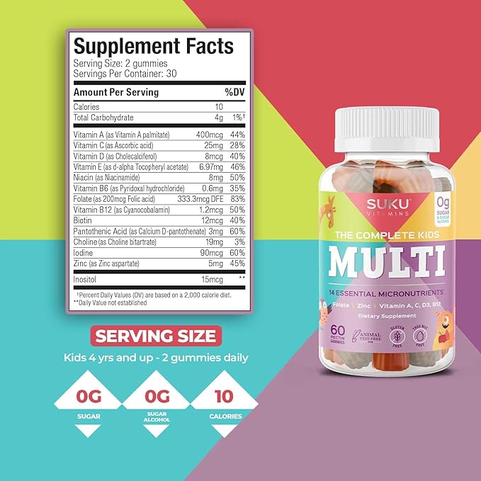 The Complete Kids Multi - Vitamin A, Folate, Zinc Gummies for Immunity Support -Easy to Chew- NonGMO, Allergen Gluten Sugar Free - Tropical Bonanza Flavored Gummy Vitamins - 60 Count