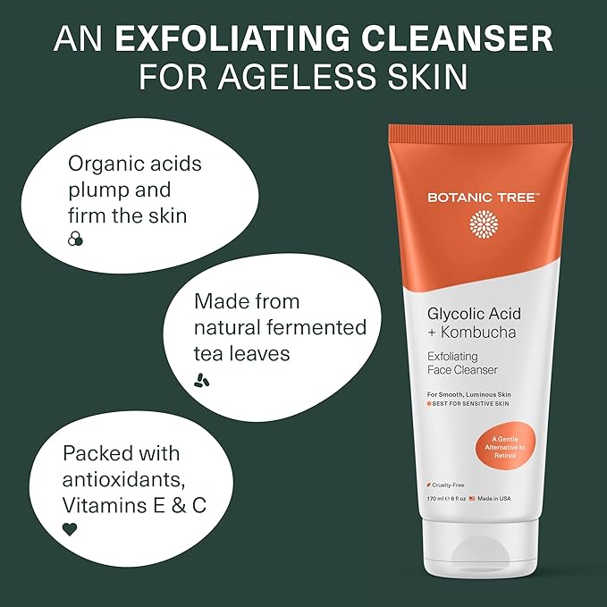 Botanic Tree Kombucha & Glycolic Acid Exfoliating Face Wash for Aging Skin - Face Cleanser for Women - Kombucha Lipofilling Effects and Skin Healthy Probiotics and Antioxidants