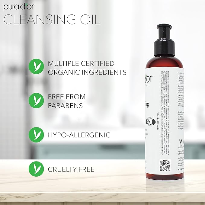 PURA D'OR 8 Oz Facial Cleansing Oil - Nourishing Botanical Blend with & Vitamin, Jojoba and Sunflower Oil - Gentle Makeup Remover & Deep Cleanser For Healthy, Glowing Skin - Paraben-Free Beauty
