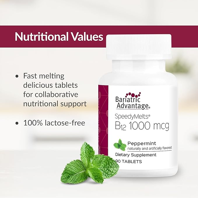 Bariatric Advantage B-12 Speedy Melts, Vitamin B12 1000 mcg Supplement, Fast Melting with 200 mcg of Folic Acid for Nutritional Support - Peppermint, 90 Count
