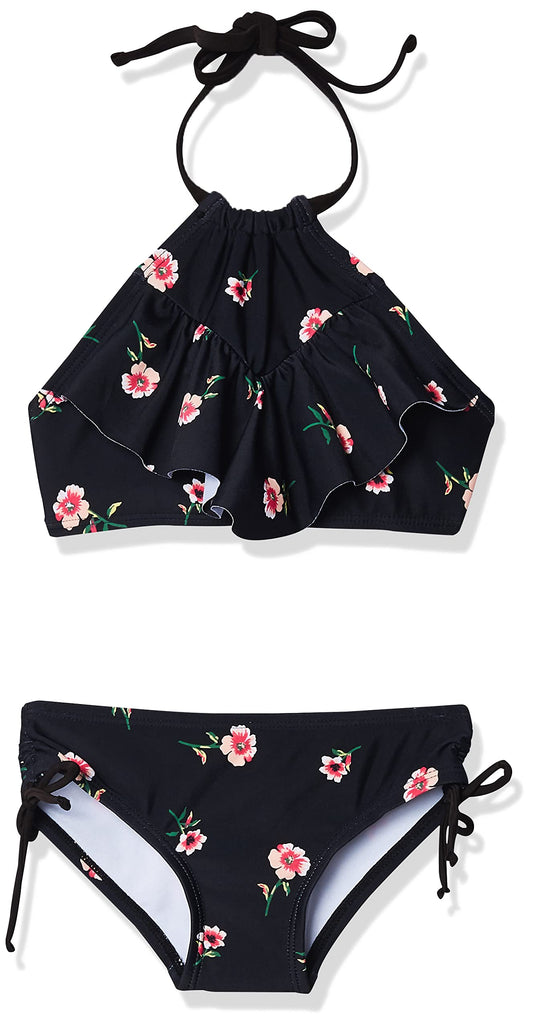 Kanu Surf Girls Ruffle Halter Bikini 2-Piece Swimsuit, Pink, 2T, Morgan Black Floral, 10