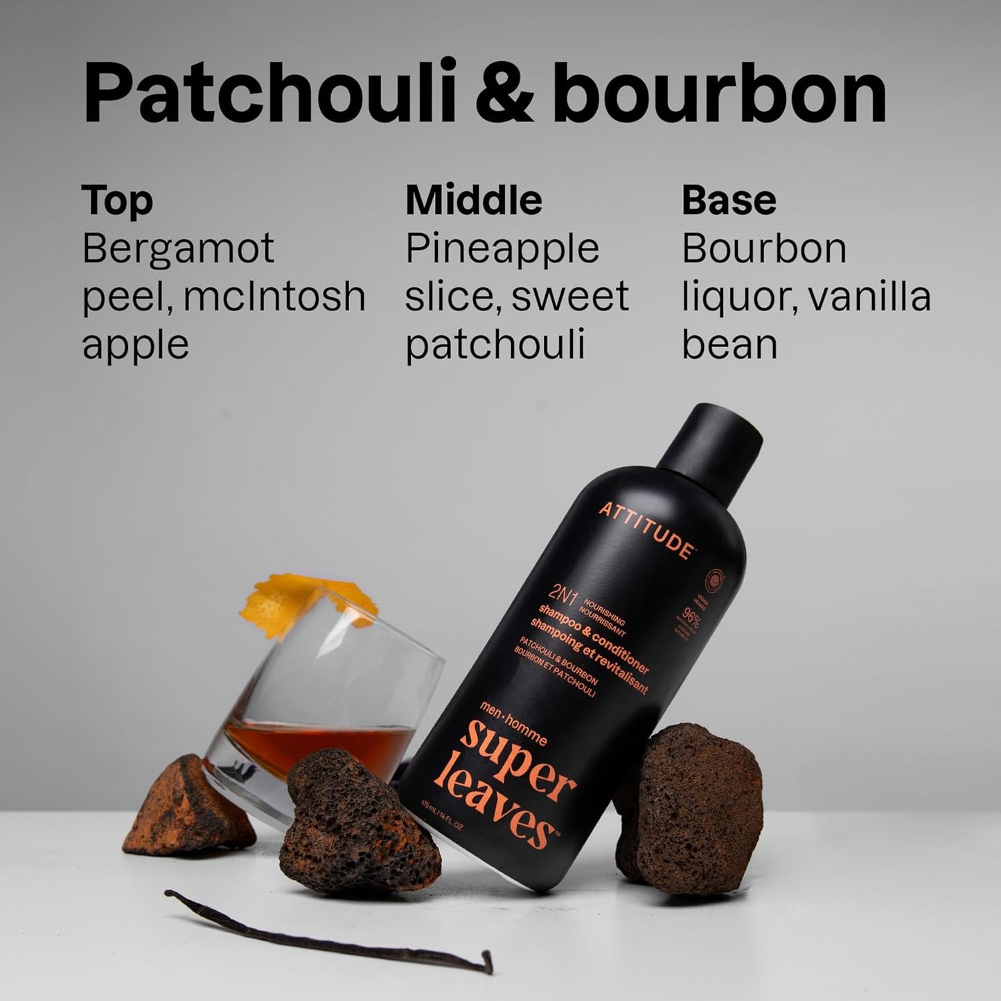 ATTITUDE Men's Shampoo and Conditioner 2-in-1, Nourishing For Dry Hair and Scalp, With Panthenol and Ginseng, 97% Natural Origin Ingredients, EWG Verified, Patchouli & Bourbon, 14 Fl Oz (Pack of 3)