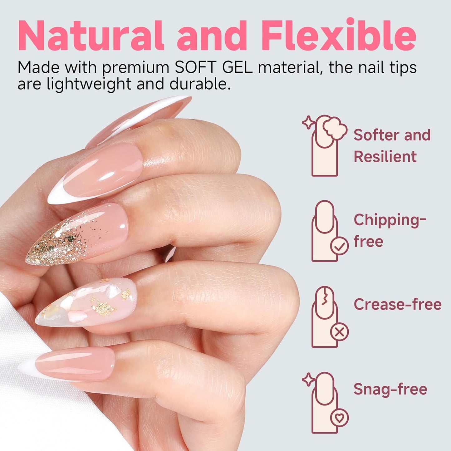 UNA GELLA Medium Stiletto Gel Nail Tips Halloween Full Cover 216Pcs Almond Shape Nails Tips Stiletto Pre etched Soft Gel Nails Tips Clear Fake False Nail Tips For Home Art Salon 12 Sizes