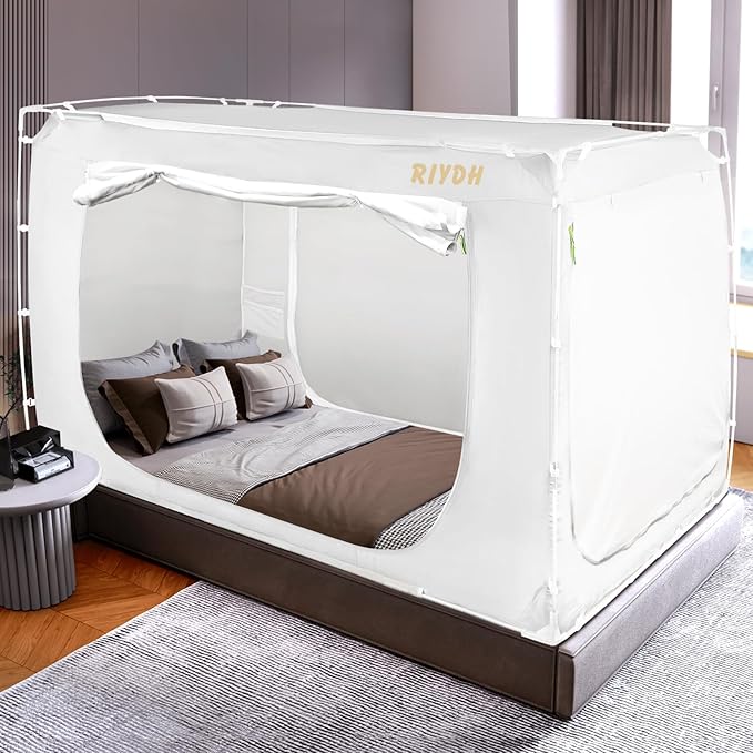 Bed Tent Bed Canopy Twin Size Tents for Adult and Kids- Portable Dream Tent Indoor Sleeping Tents 70% Blackout with 3 Doors Breathable Big Space Tents, White, WZ01-S-White