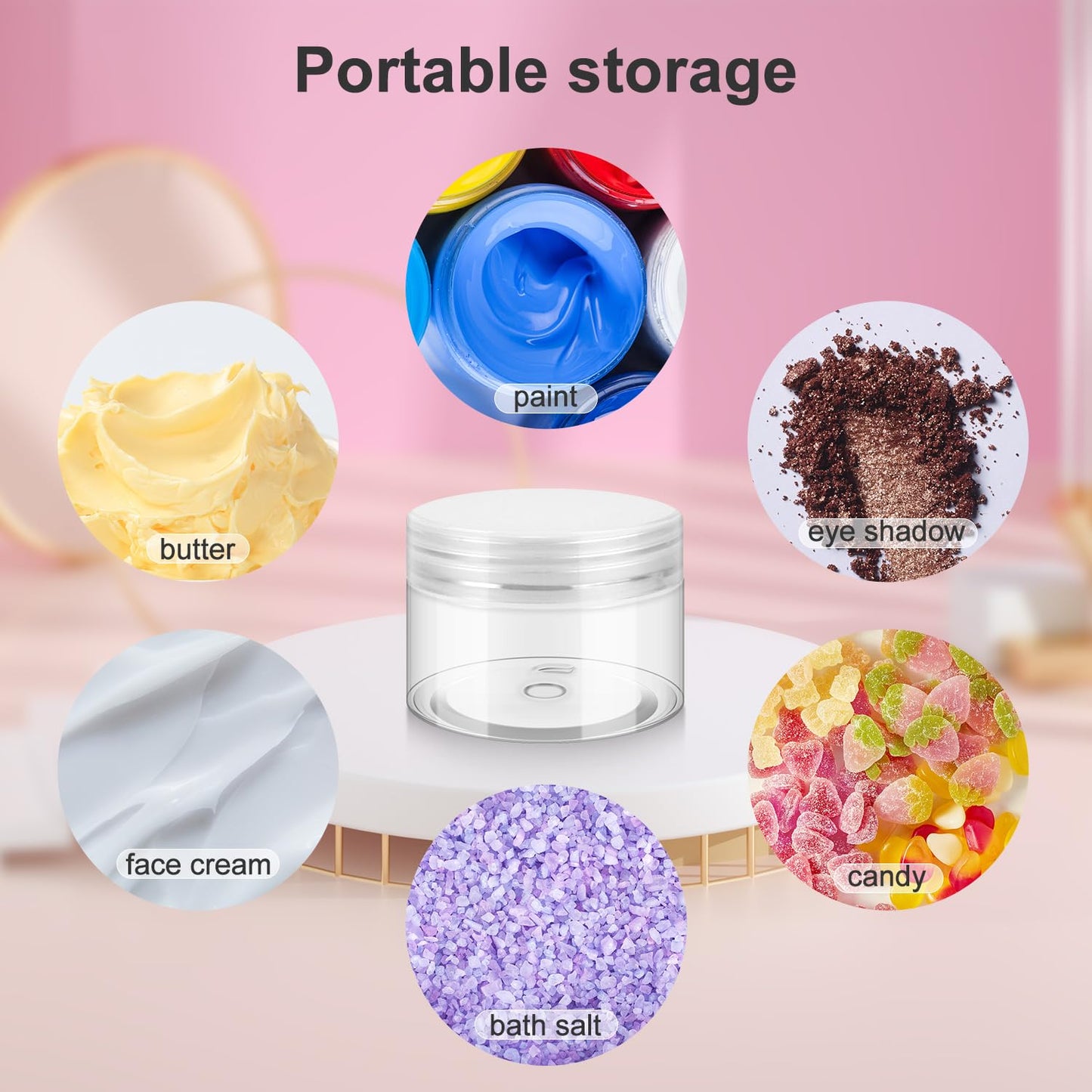 36 Pack 1 OZ Plastic Jars with Lids, BPA Free, Reusable, Refillable Transparent Cosmetic Containers for Bath Salts, Cosmetics, Powders, Beauty Product and Small Accessories, White