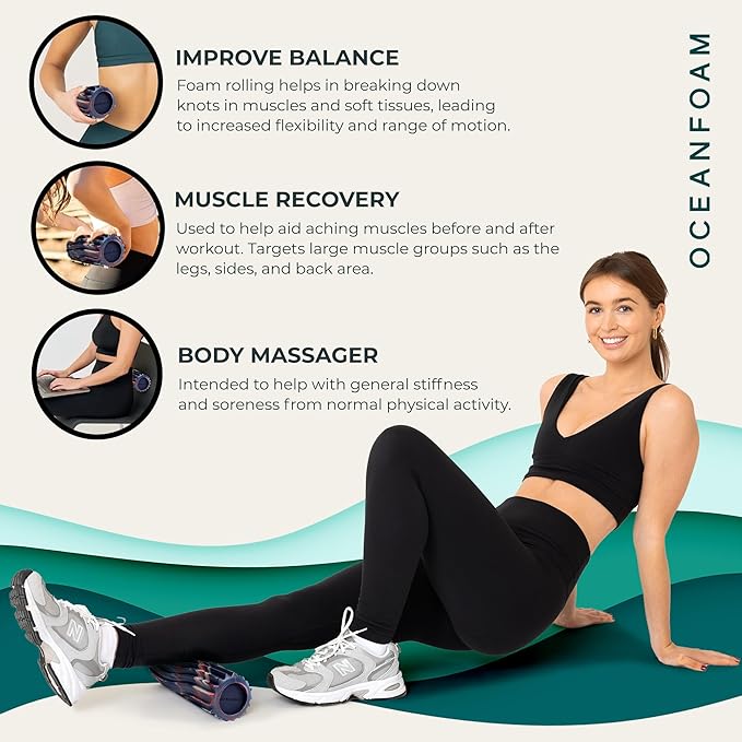 Oceanfoam Ripple Travel Foam Roller (11" x 3.35") Firm Mini Foam Roller for Physical Therapy, Deep Tissue Massage, Back Pain - High Density, Wave Textured - Yoga (Red, Dark Navy & Natural Marbled)