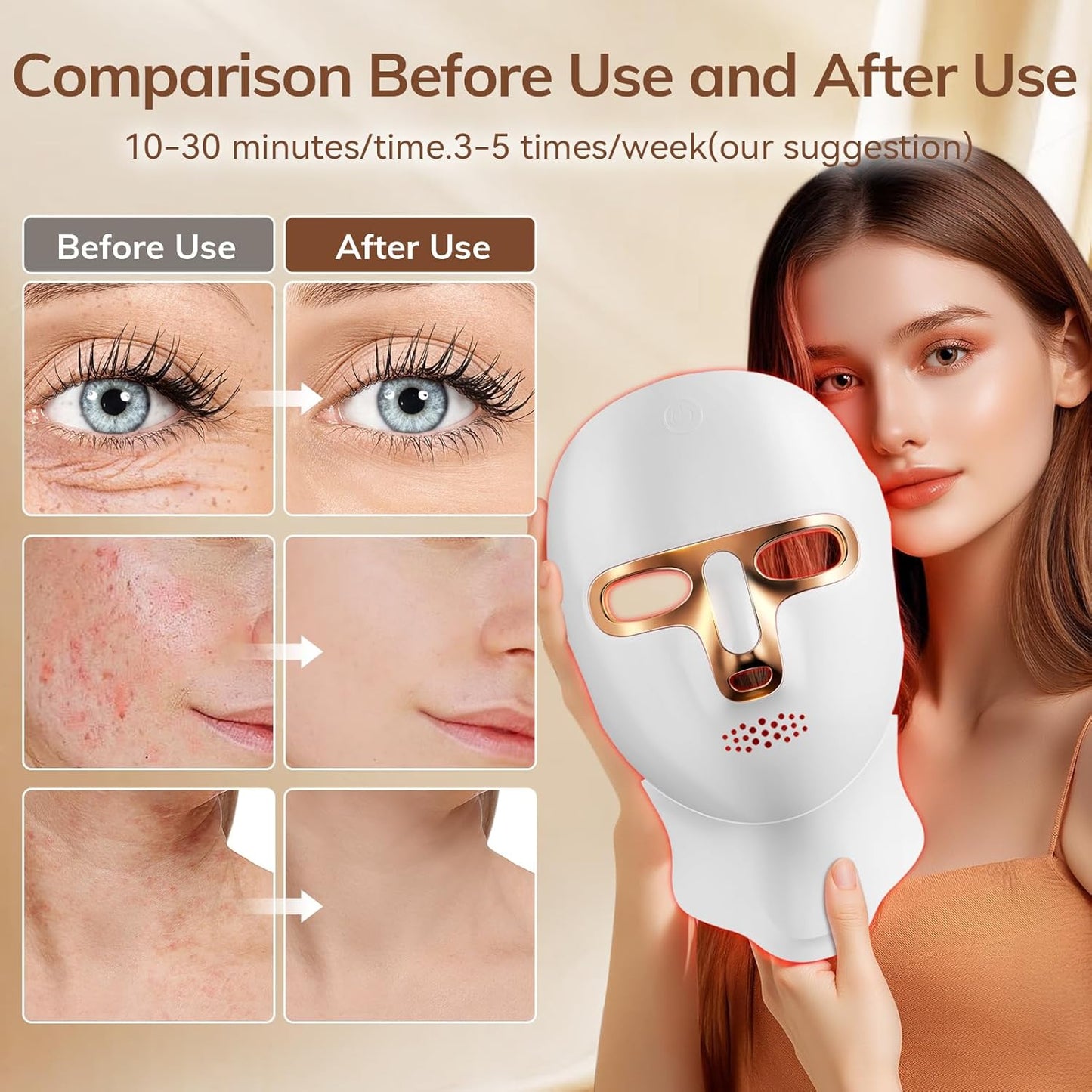 Red Light Therapy Mask for Face,Cordless LED Face Mask Light Therapy,USB C Rechargeable,Infrared Lights Masks for Home Working Travel Yoga Sleep (Amber)