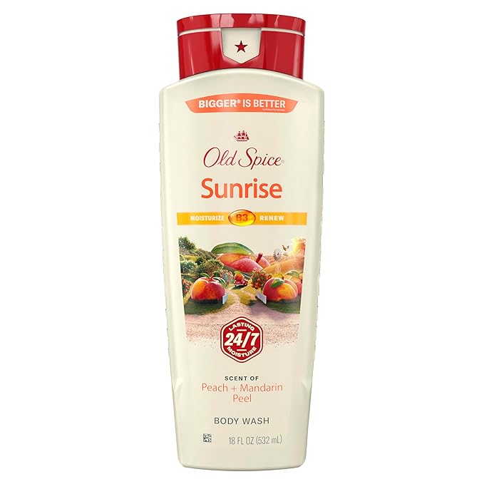 Old Spice Cleansing Body Wash for Men, 24/7 Shower Fresh with Lasting Scent, Moisturize & Renew, Gentle on Skin, Vitamin B3, Sunrise with Peach + Mandarin Peel Scent, 18 oz