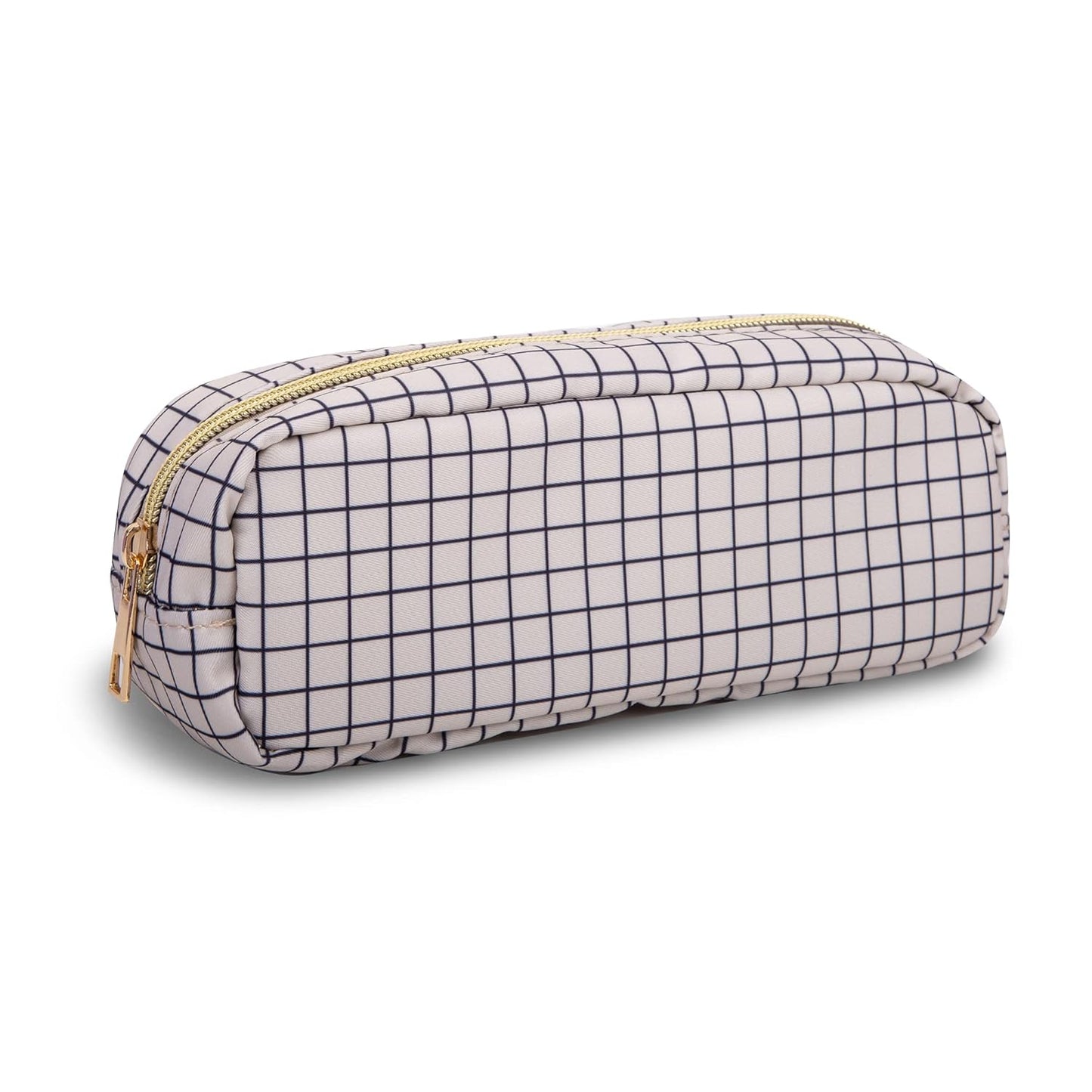 Small Pencil Case Makeup Bag for Purse, Cute Pencil Pouch Nylon Preppy Checkered Makeup Brush Bag with Zipper, Girls Portable Stationery Storage Case Small Pen Bag for Office School(Slim-Checkered)