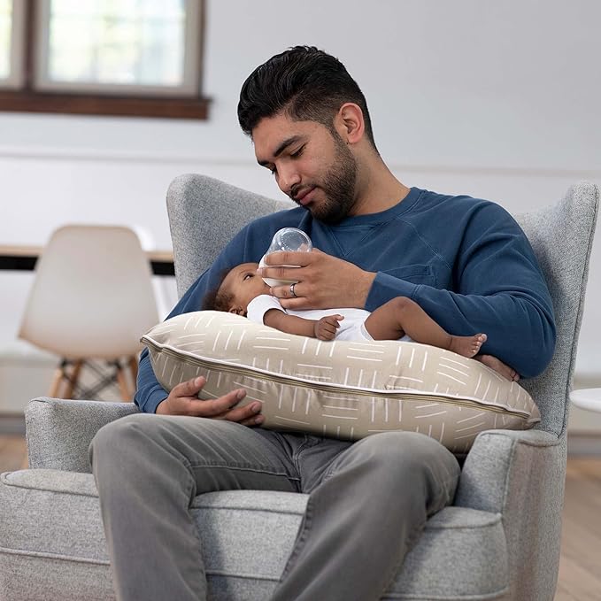 Boppy Organic Original Nursing Pillow, Sand Criss Cross, Ergonomic Nursing Essentials for Bottle and Breastfeeding, Firm Hypoallergenic Fiber Fill with 100% Organic Cotton Pillow Cover