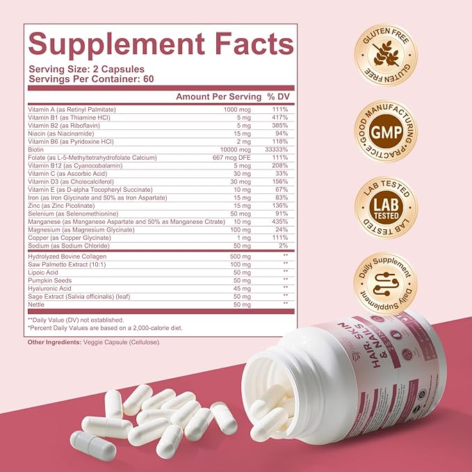Hair, Skin & Nails Supplement - 25-in-1 Formula with Biotin 10,000mcg, Collagen, Vitamin B, C, D3, E, Folate, Iron - Supports Hair Growth, Skin Health, Nail Strength for Women - 120 Capsules