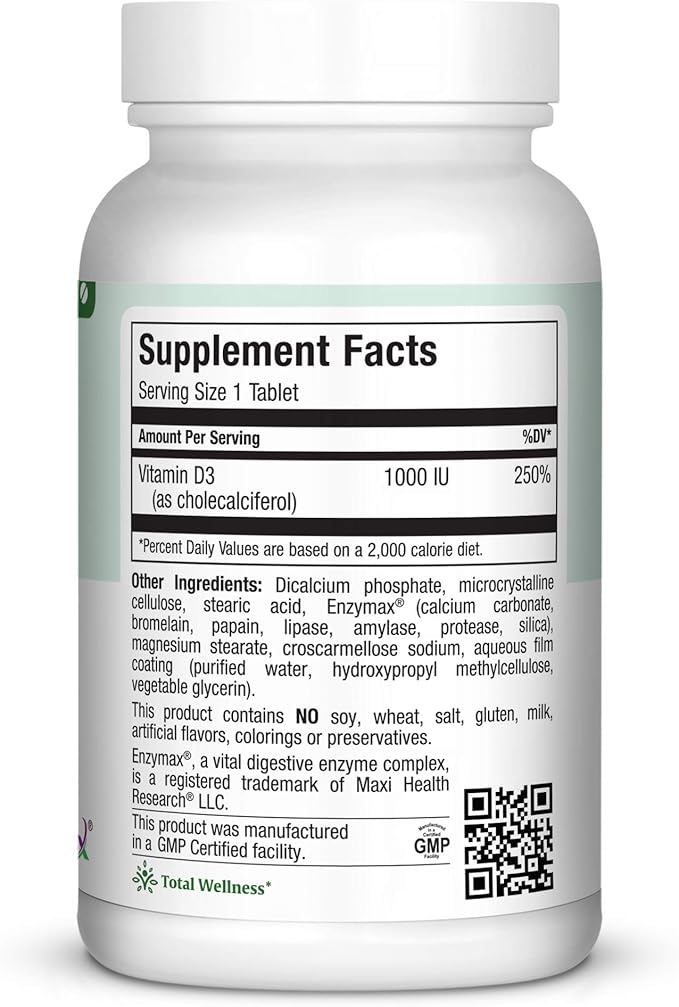 Maxi Health Vitamin D3 1000 IU Dietary Supplement - Easy to Swallow - Odorless & Tasteless - Supports Calcium Absorption, Immune Health and Bone Health in Adult Women & Men - 180 Tablets