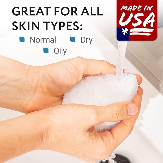10 Pack Extra Thick Facial Sponge for Daily Deep Cleansing - Regular Buff Style Exfoliating Pads for Removing Dead Skin, Dirt & Makeup - Normal to Oily - Made in The USA - Reusable Puf - White
